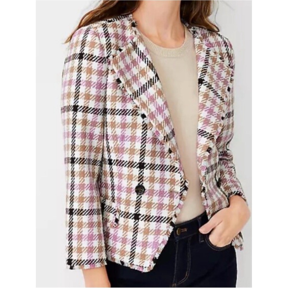 Ann Taylor size 12 Womens Plaid Tweed Blazer Jacket - Pink & Tan fray edge